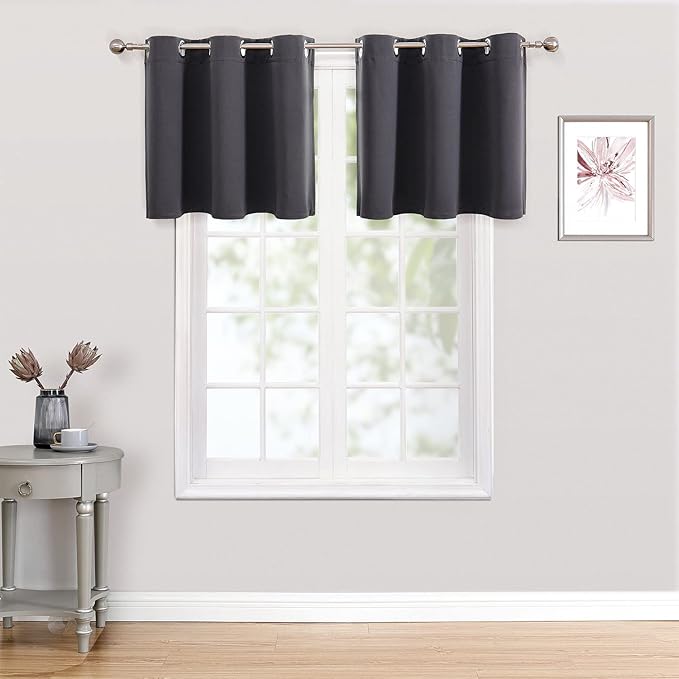 ChrisDowa Small Kitchen Valances for Windows - Grommet Short Thermal Insulated Room Darkening Window Valances Curtains for Living Room (2 Panels, Dark Grey, 42 x 18 Inch)
