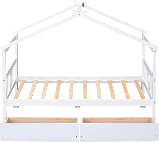 Merax Twin Size Wooden House Bed with Two Drawers, Wood Bed Frame with Roof for Kids, Teens, Boys or Girls, White