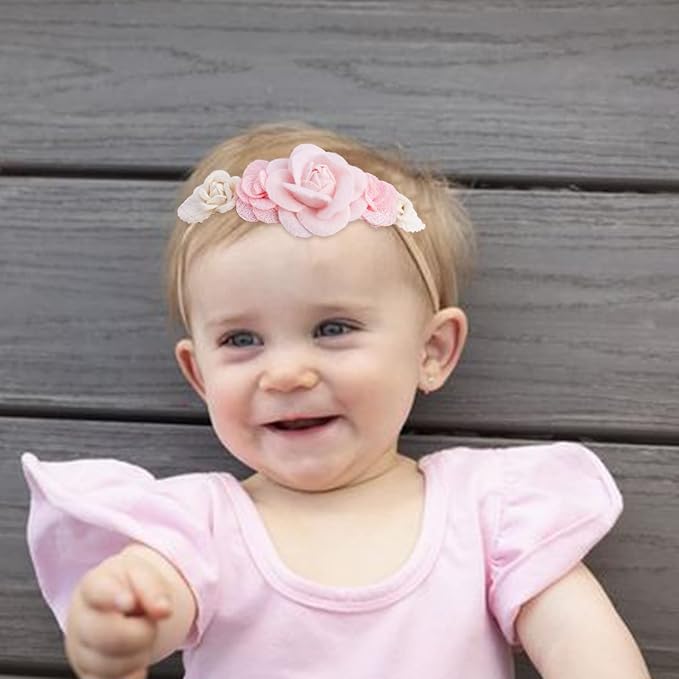 Baby Girl Nylon Headbands Flower Hair Bows Accessories-Elastic Hair Band Crown Handmade FLoral Wraps Birthday Gifts for Girls Newborn Infant Toddler 3Pcs