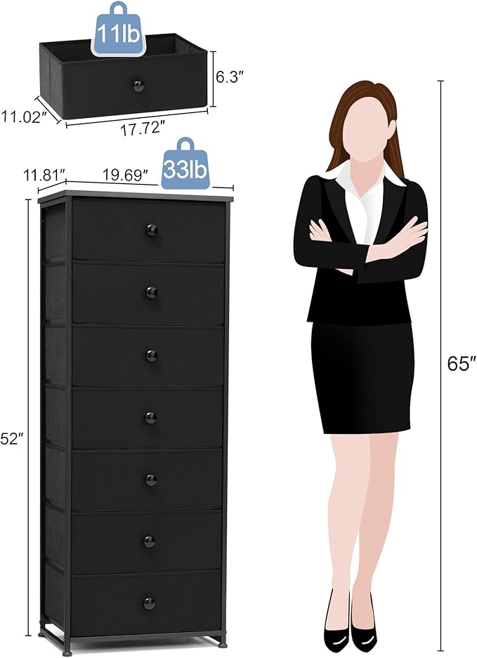 Crestlive Products Tall Dresser, 7-Drawer Fabric Storage Tower, Chests of Drawers - Vertical Organizer Unit for Bedroom, Hallway, Entryway, Nursery, Closets - Steel Frame, Wood Top & Handles (Black)