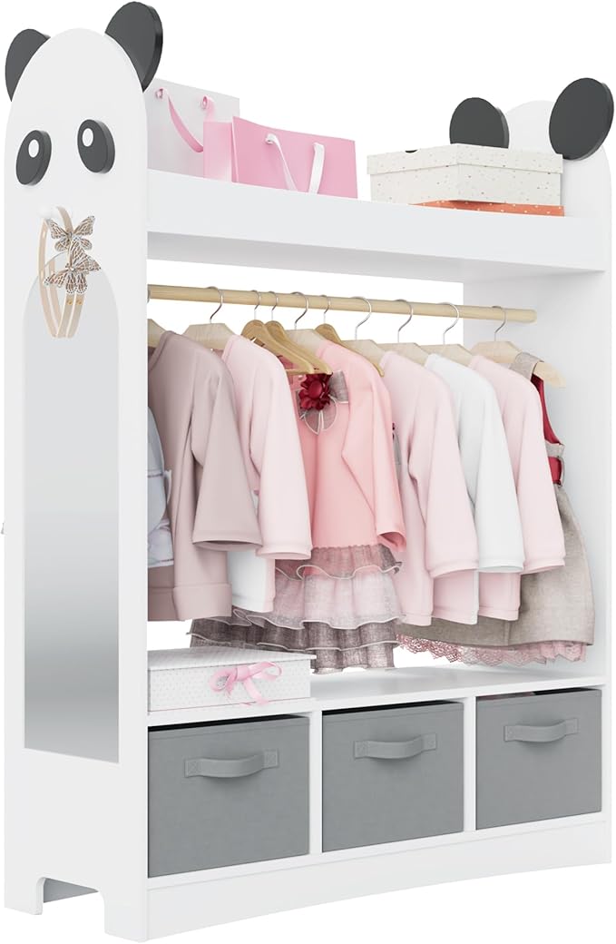 Kids Dress Up Storage Rack Mirror Wood Child Wardrobe 2 Hooks 2 Fabric Bins Toddler Closet Girls Boys Open Hanging Armoire Storage Shelf Coat Costume Hat Shoe (White/Panda/Three Drawers)