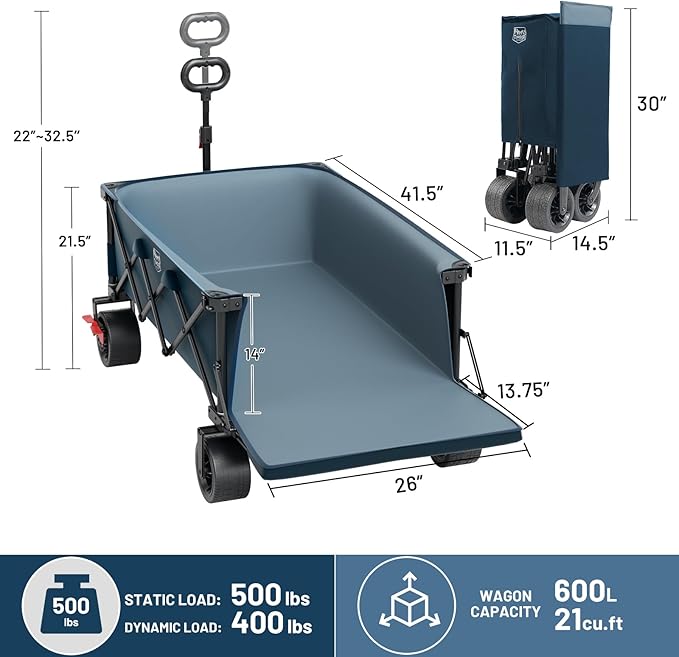 TIMBER RIDGE 600L Beast Wagon 26" W Extra Wide All Terrain Folding w/Big Wheels, Cargo Net & Tailgate, 26" W and 55.25" L, 400lbs Heavy Duty Collapsible Portable Cart for Camping, Sports, Dogs, Blue