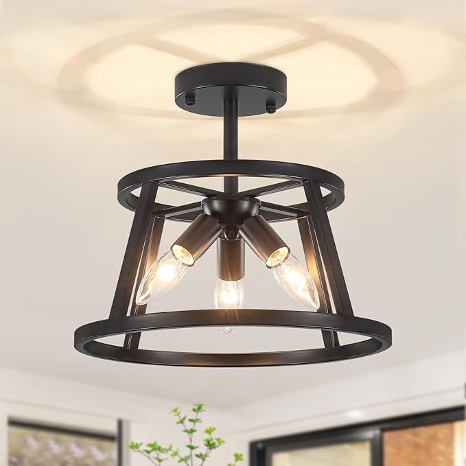 12.59" Black Semi Flush Mount Ceiling Light, 3-Light Modern Close to Ceiling