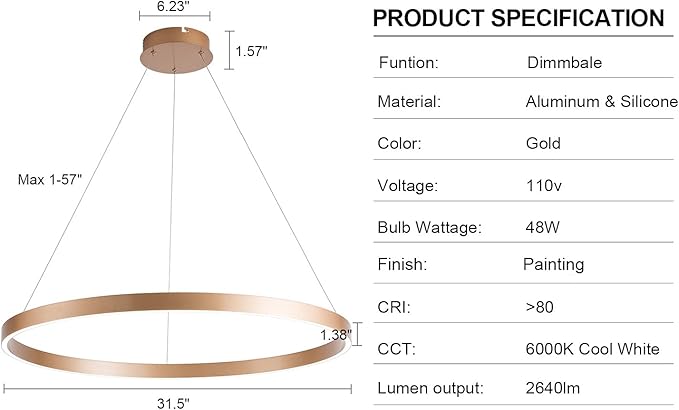 MADEM Room Decor Modern LED Chandelier 1-Ring Circular Dimmable Pendant Light