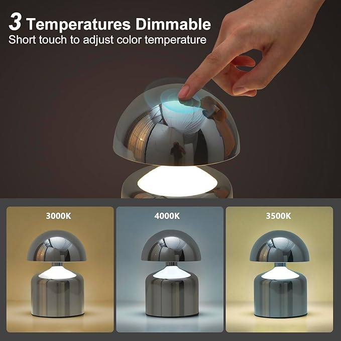Modern Cordless Mushroom Small Table Lamp Touch LED Lamps, 3-Way Dimmable