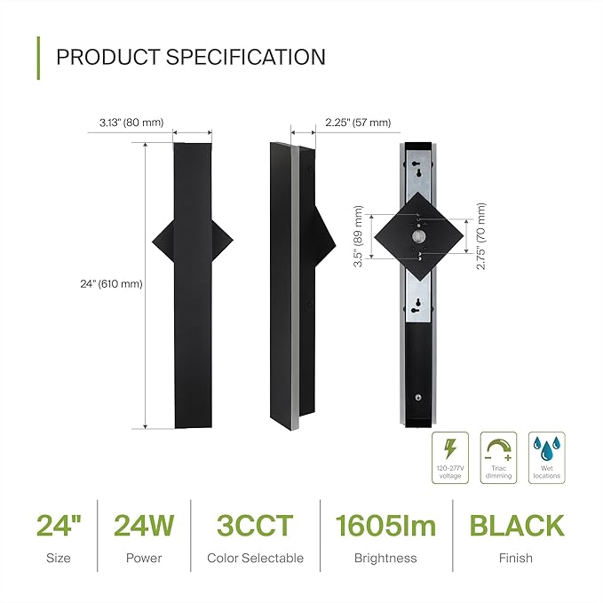 ASD LED 24" Long Wall Mount Light Fixture, Outdoor & Indoor Linear Sconce | 3CCT