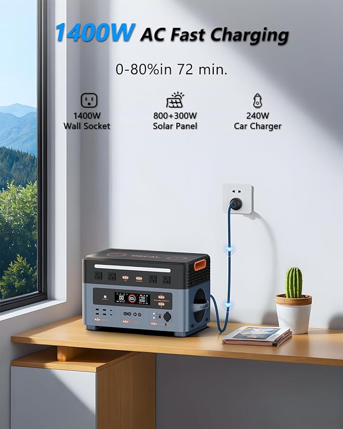 OSCAL 2400W Solar Generator PowerMax 2400, 1872Wh Power Station with 4 AC Outlets (5000W Peak), 1400W AC Charging, APP Control Expandable LiFePO4 Battery Power Station for Home & RVs, Emergency