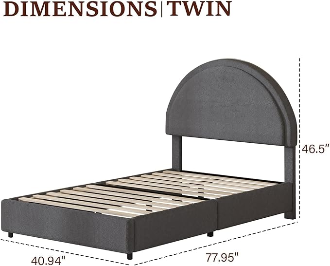 Twin Size Bed Frame, Boucle Upholstered Platform Bed with Headboard, Cloud Bed Frame with Soft Rounded Corners, No Box Spring Required, Easy Assembly, Grey