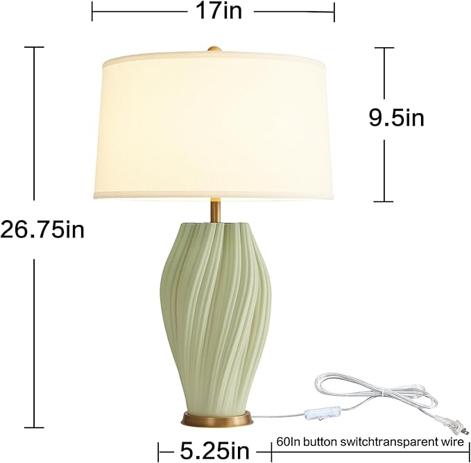 Modern Textured Ceramic Large Table Lamps 26.75", Sage Green Plug in Table Lamp