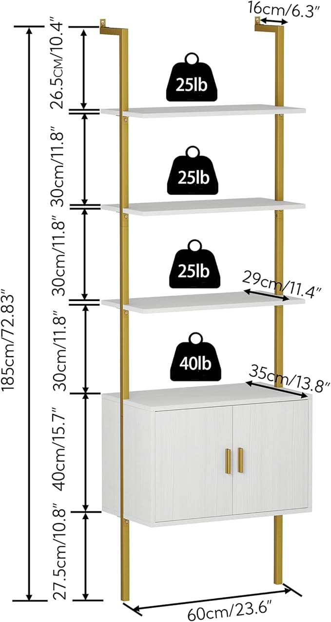 Yusong 73" Tall Bookshelf with Cabinet, Industrial Ladder Wall Mount Shelf Bookcase with Wood and Metal Frame, Plant Shelf Wall Storage Display for Living Room Bedroom, White Gold