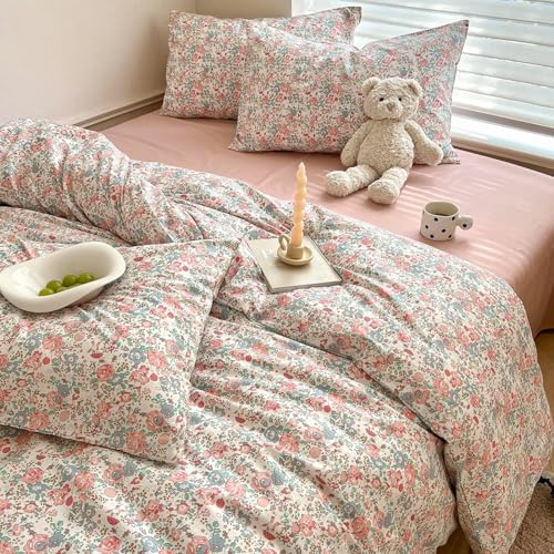 Queen Size Comforter Set Boho Pink Floral Bedding Comforter with 2 Pillowcases Vintage Garden Style Boho Comforter for Queen Bed Cute Flower Bedding Fluffy Cottagecore Botanical Comforter Set