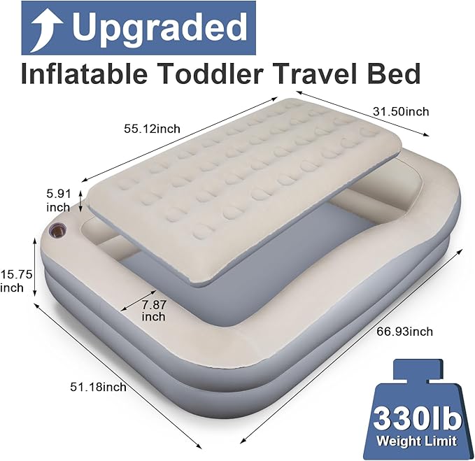 Inflatable Toddler Travel Bed – Portable Toddler Bed with Safety Bumpers, Toddler Floor Bed for Travel, Camping, Sleepovers – Kids Blow Up Bed with Pump & Carry Bag