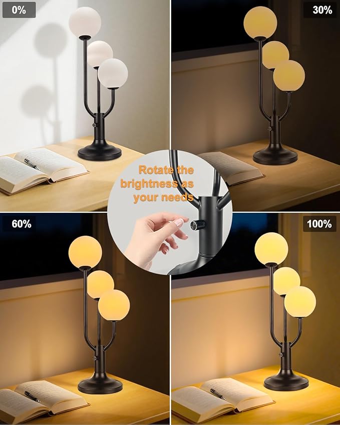 Modern Black Table Lamp for Bedroom, 3-Globe Dimmable Small Desk Lamp 3000K