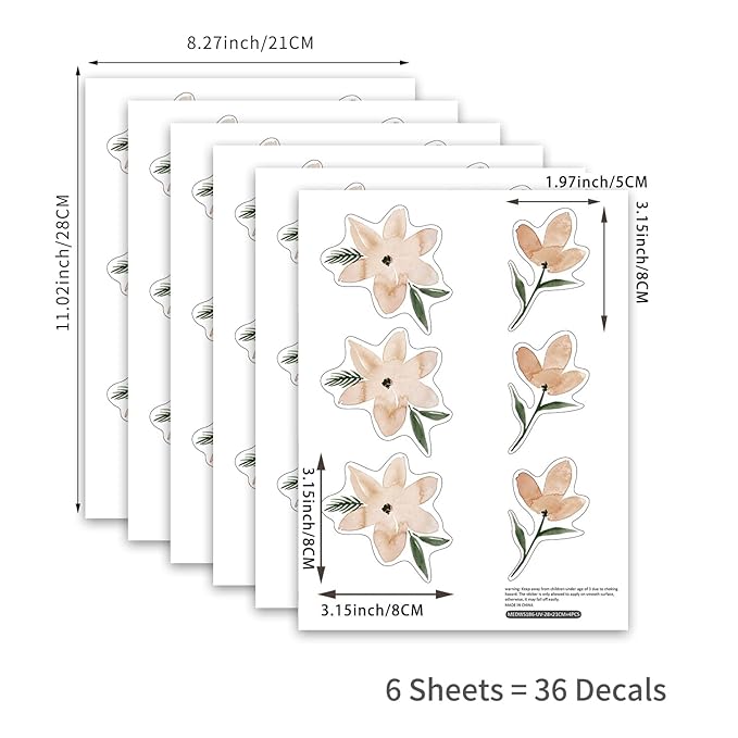 YouRfocus Daisy Wall Decals | 36 PCS Boho Flower Stickers for Girls' Rooms, Playrooms, Nurseries | Dual Layer Print for High Coverage | Removable Peel and Stick （Orange）| 6 Sheets