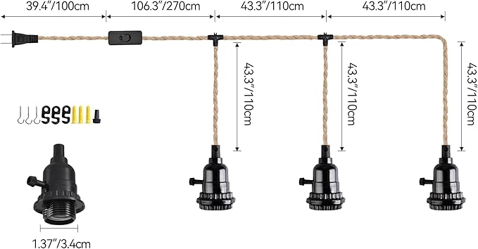 3-Light Hanging Light with Plug in Cord, Plug in Pendant Light 22ft Hemp Rope