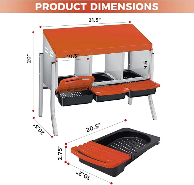3 Compartment Metal Chicken Nesting Box, Automatic Roll-Out Egg Collection, Waterproof Galvanized Steel Laying Box with Perch & Wall Mount, for Hens Ducks Rabbits