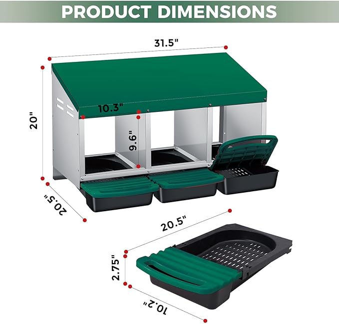 Chicken Nesting Boxes, Metal Rollaway Chicken Nest Box with Rollout Egg Collection, Removable Tray & Nesting Pads, Egg Laying Box for Chicken Coop Hens, Wall Mount or Standing, 3 Compartments, Green