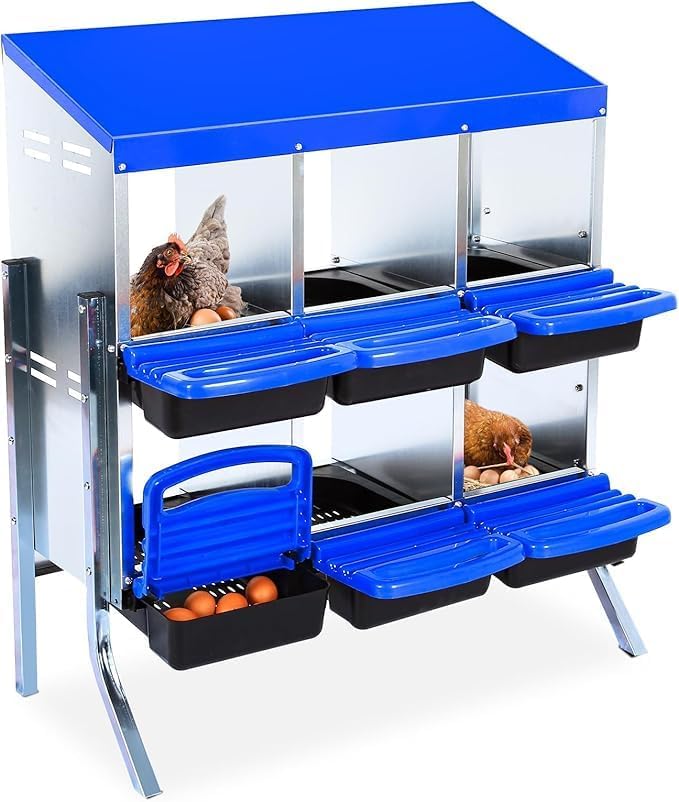 Chicken Nesting Box, 6-Compartment Egg Laying Box, Convenient for Collecting Eggs, Ventilated Poultry House Equipment in Metal Chicken Coop, Suitable for Hens and Ducks, (Blue, with Stand)