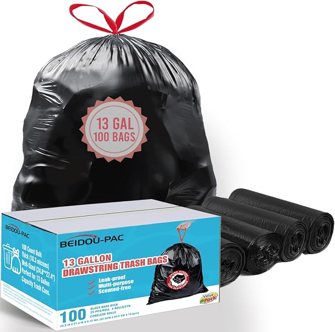 13 Gallon Trash Bags Drawstring, 100 Count Bulk, Black & Unscented Garbage Bags, Multi-purpose Tall Kitchen Trash Bags Can Liners for Business Home Commercial and Industrial