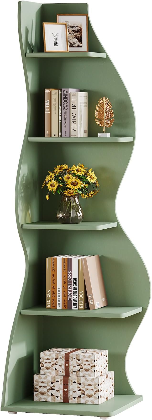 Tribesigns Wavy Corner Shelf, Modern 5-Tier Bookshelf Bookcase with Curvy Shape, Unique Plant Stand Display Rack for Living Room Small Space (Green)