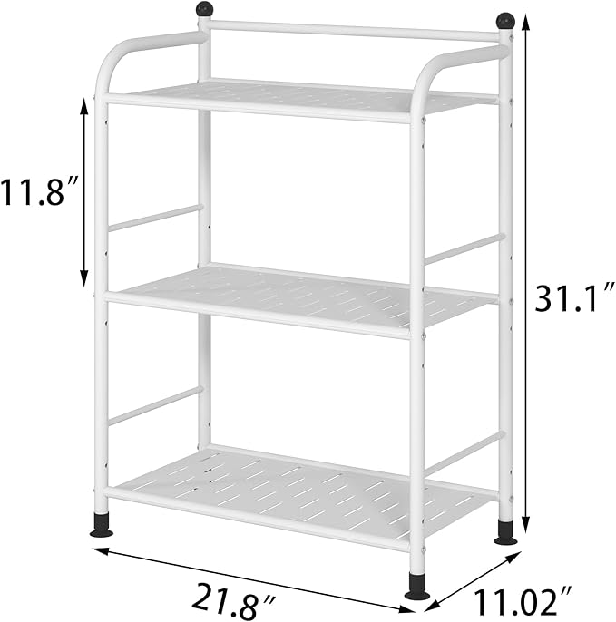 3 Tier Bathroom Storage Open Shelf Unit, Free-Standing Matte Metal Corner Rack Shelving for Kitchen, Living Room, Hallway (Matte White, 3 Tier)