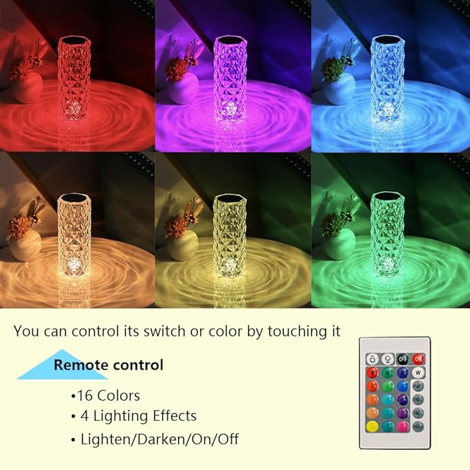 Portable Crystal Table Lamp, 16 Color Touch Control Rechargeable Lamp, Crystal