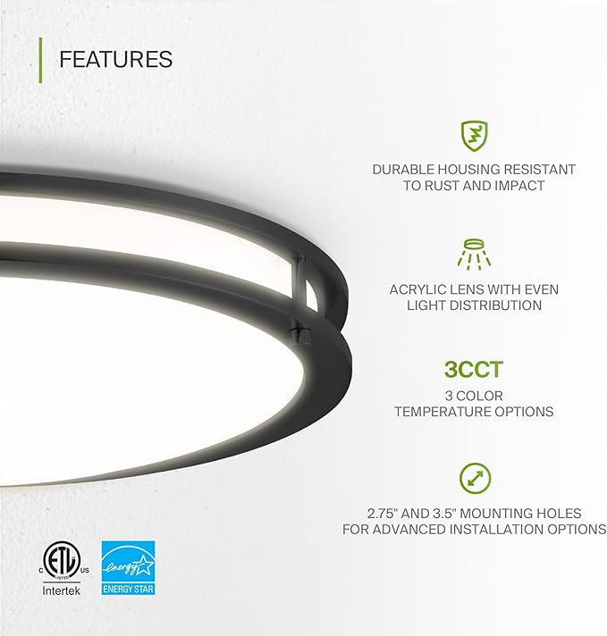 ASD LED 18" Round Flush Mount Lighting, Close to Ceiling Light Fixture | 3CCT
