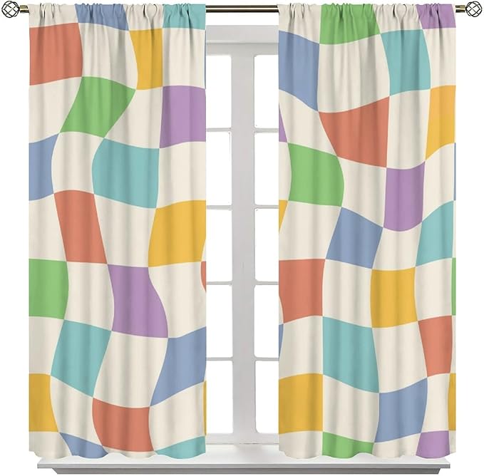 Checkered Curtains,70s Vintage Twisted Checkered Window Drapes Colorful Groovy Trendy Wavy Hippie Grid Print Window Treatments for Kids Girls Bedroom Living Room Bathroom 42" W X 63" L
