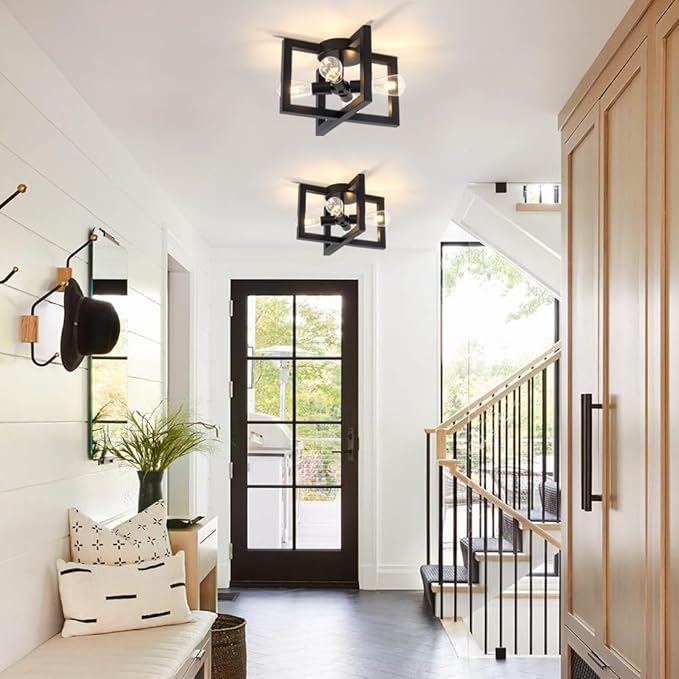 15" Black Geometric Semi Flush Mount Ceiling Light Fixture, 4-Light Modern
