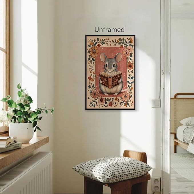 Nursery Animal Canvas Wall Art, Mouse Reading A Book Poster, Cozy Folk Art Prints, Kids Room Farmhouse Botanical Floral Painting, Library Reading Corner Wall Decor 16x24in Unframed