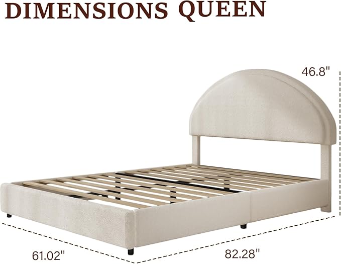Queen Bed Frame, Boucle Upholstered Platform Bed Frame with Rounded Corners, Soft Bedframe with Round Headboard, No Box Spring Required, Easy Assembly, White