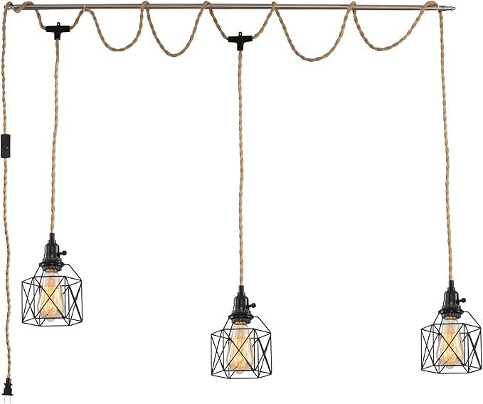 3-Light Hanging Light with Plug in Cord, Plug in Pendant Light 22ft Hemp Rope