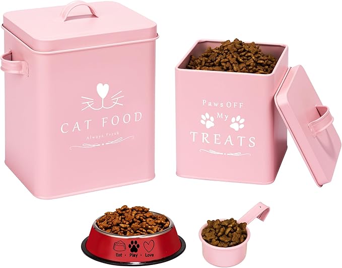 Meraki Home Cat Food Container and Treat Container - Tight Lids - Feed Scoop and Pet Food Bowl - Farmhouse Metal Storage Bin - Great Gift for Small Pets - Matte Pink