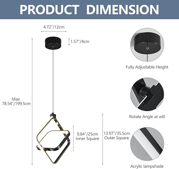 Modern LED Pendant Lights Plated Black Rectangular Pendant Light Fixtures 4000K