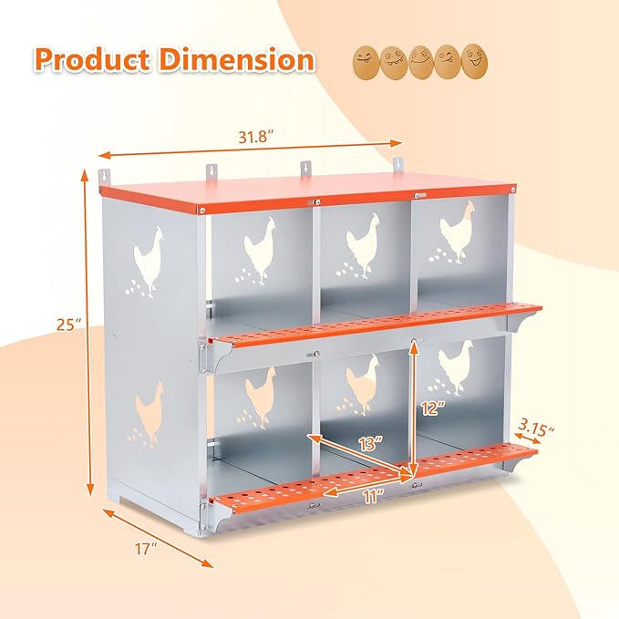 Chicken Nesting Box for Laying Eggs - 6 Room Chicken Laying Boxes, Nesting Boxes for Chickens, Heavy Duty Metal Chicken Coop (31.8" L x 17" W x 25" H)