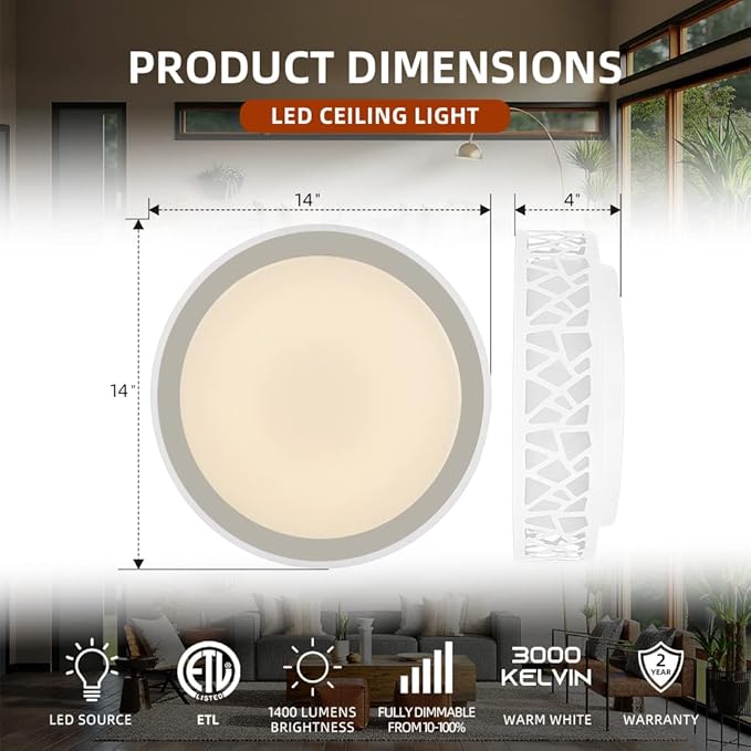 LED Flush Mount Ceiling Light 2 Pack, 14 Inch Dimmable Round Lighting Fixture