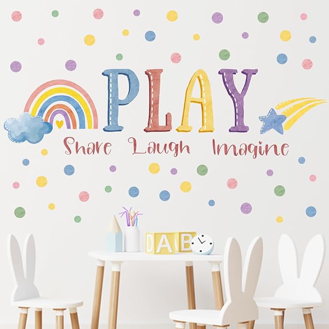 Mfault Playroom Wall Decals Stickers, Inspirational Play Share Laugh Imagine Quotes Nursery Classroom Decorations Bedroom Art, Rainbow Polka Dots Neutral Toddlers Kids Room Decor Gifts