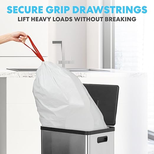 SIMPLI-MAGIC 13 Gallon Drawstring Trash Bags, 120 Pack – Tall Kitchen Garbage Bags, Custom Made with Premium Materials (White)