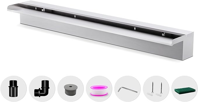 Waterfall Pool Fountain LONGRUNNEW 304 Stainless Steel 35.4" Rectangular Waterfall Spillway, Water Fall Fountain with Pipe Connector for Garden Outdoor, Swimming Pools, Fountains, Pond and Spa