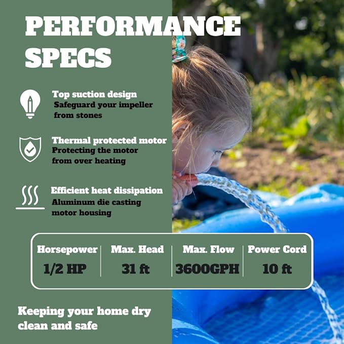 1/2 HP Submersible Sump Pump with Vertical Float Switch, Portable Utility Pump With 10ft Power Cord, Sub Water Pump for Draining Flooded Basement, Hot Tub, Pool, Pond, Sump Pits