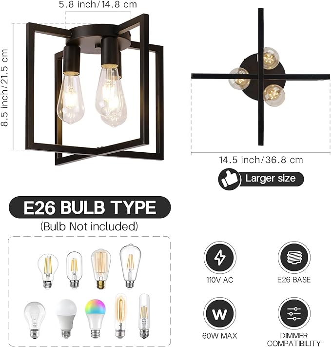 Farmhouse Industrial Ceiling Light Fixture Flush Mount, Modern Rustic Flush