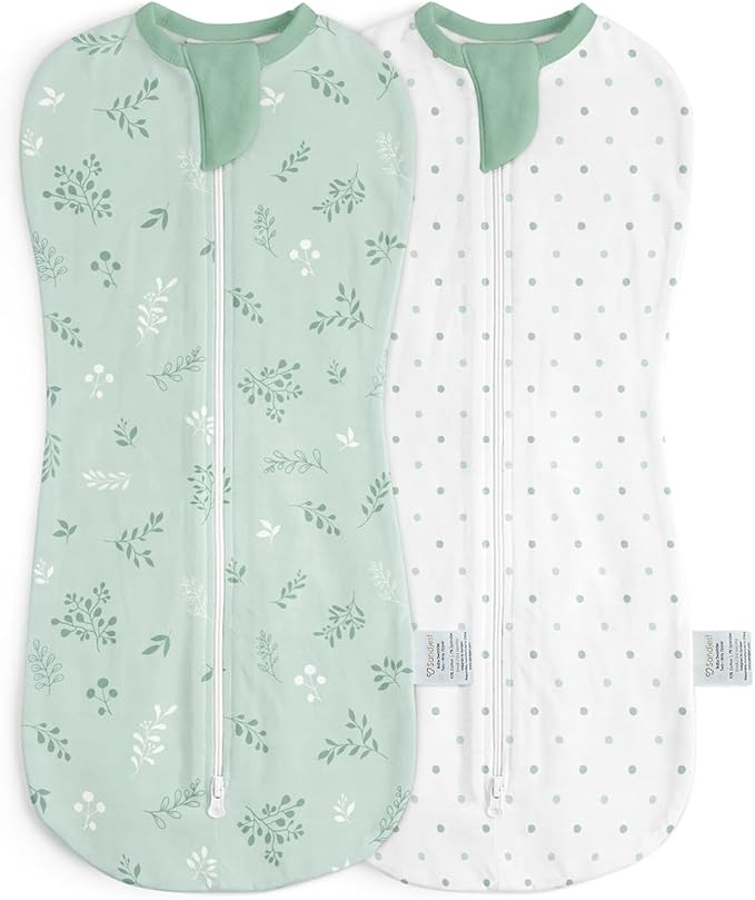 Baby Swaddle 0-2 Months, Cotton Arm-In Zipper Sleep Sack, Wearable Blankets Wrap for Newborn Infant Girls, Boys (Green Leaves, Polka Dots, Pack of 2)