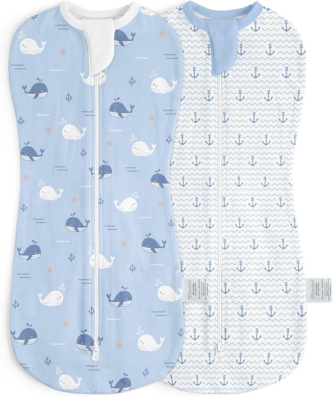 Baby Swaddle 0-2 Months, Cotton Arm-In Zipper Sleep Sack, Wearable Blankets Wrap for Newborn Infant Girls and Boys (Whale, Anchor, Pack of 2)