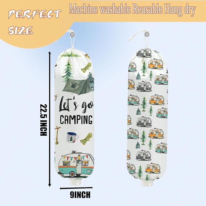 2PCS Camping Plastic Bag Holder, Wall Mount Grocery Bag Holder for Storage bag, Camper Accessories for Inside Storage Organizer Reusable Grocery Bags, Pull Rope Free Adjustment, Gifts for Women Mom