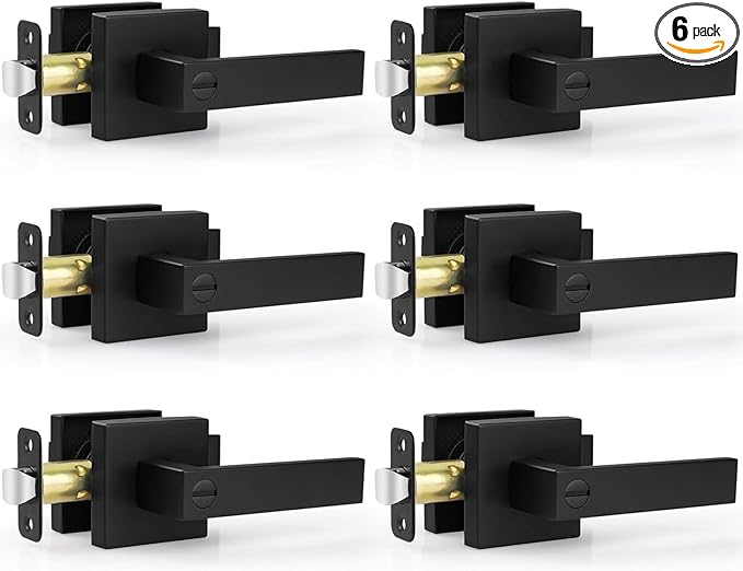 Estmoon 6 Pack Matte Black Door Handle, Keyless Interior Door Knobs Square