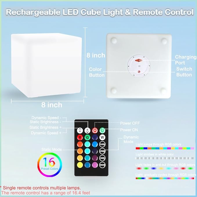 8-inch Waterproof LED Light Cube, USB Rechargeable Mood Light, 16 RGB Colors