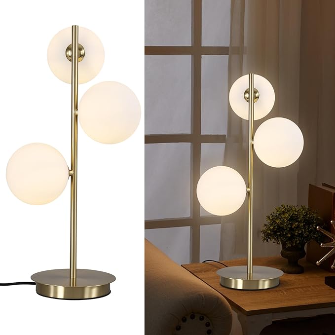 3 Lights Brass Metal Bedside Lamp, Mid Century Globe Table Light, G9 Base