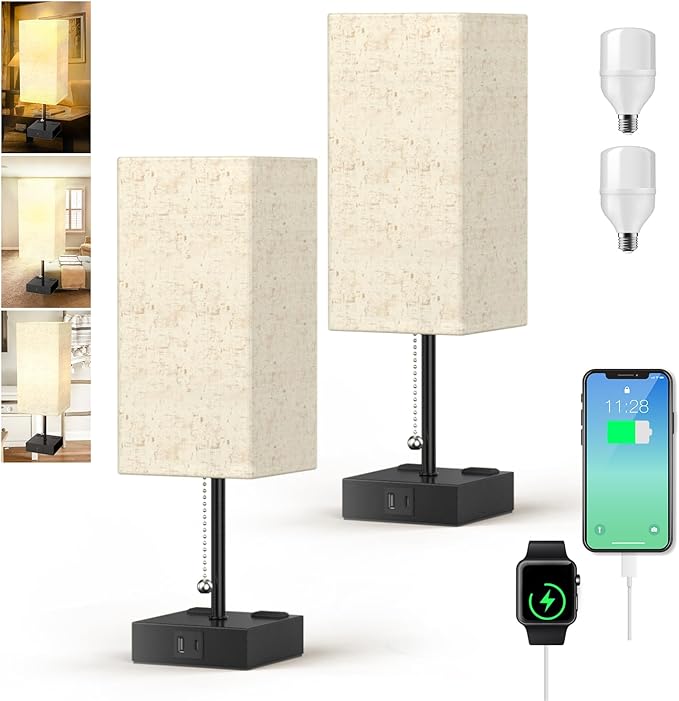 Table Lamp for Bedroom with USB, Bedside Lamp with USB C+A Charging Ports