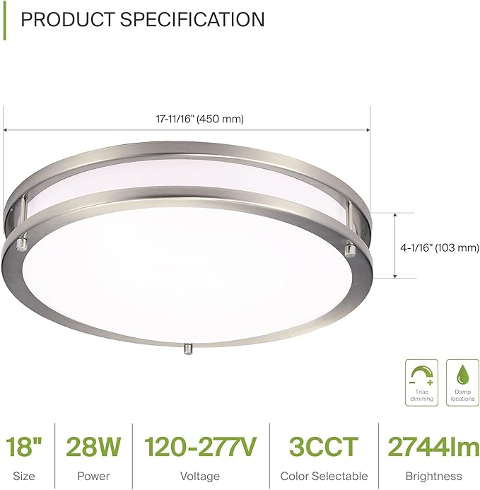 ASD LED 18" Round Flush Mount Lighting, Close to Ceiling Light Fixture | 3CCT