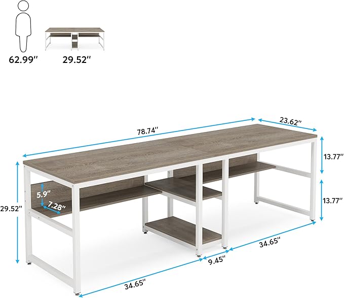 Tribesigns Two Person Desk with Bookshelf, 78.7 Computer Office Double Desk for Two Person, Rustic Writing Desk Workstation with Shelf for Home Office (Gray/White)
